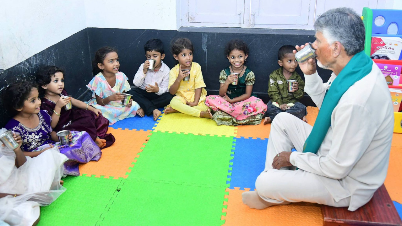 Chandrababu Naidu drinks Ragi Java with children at Anganwadi center photos