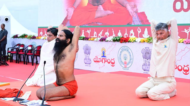 CM Chandrababu and Lokesh perform Yoga for a Healthy Andhra Pradesh along with Baba Ramdev