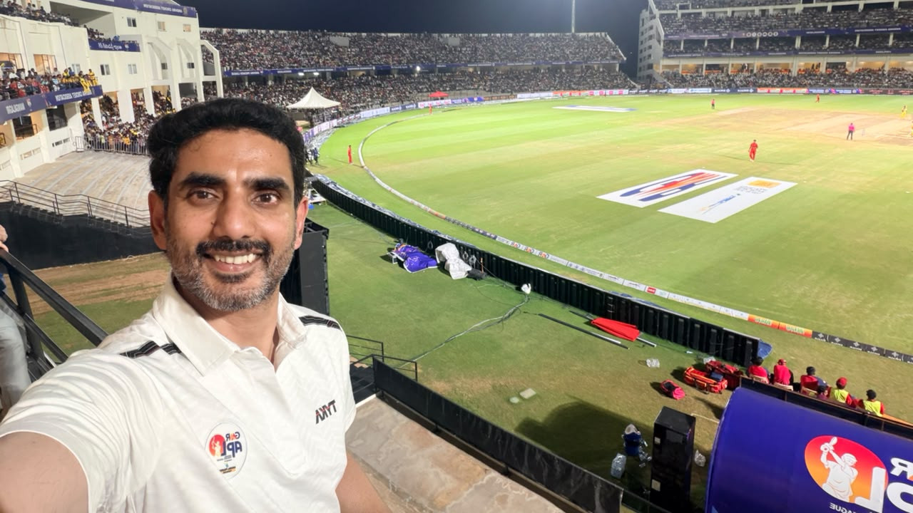 Nara Lokesh attends APL 2026 Final at Mangalagiri cricket stadium