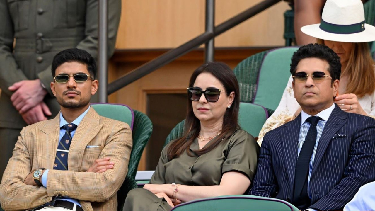 Shubman Gill with Sachin Tendulkar and wife at Wimbledon viral photos