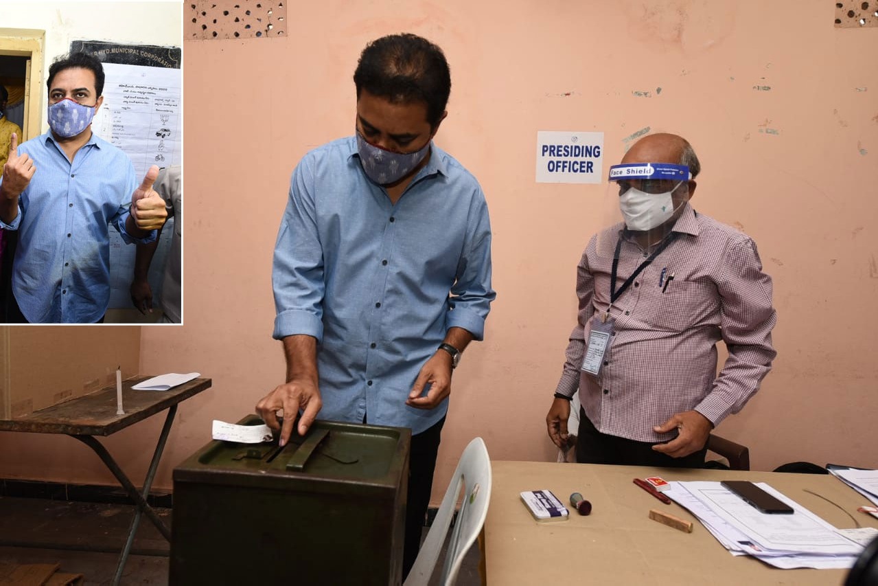 Minister KTR Cast his vote in Nandi Nagar