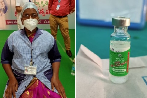 sanitation worker takes first vaccine in ap
