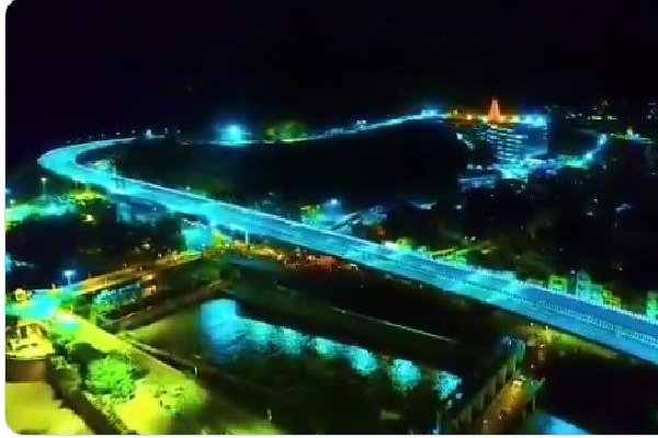Night vision drone view of Kanakadurga Flyover in Vijayawada