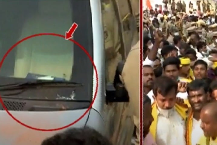 Protesters attacks Vijayasai Reddy vehicle with chappals and stones