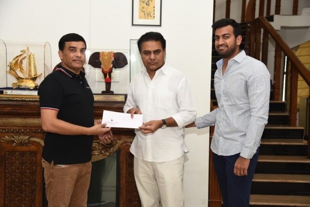 Producer Dil Raju met  KTR and handed over Rs 10 lakhs cheque to the CM Relief Fund