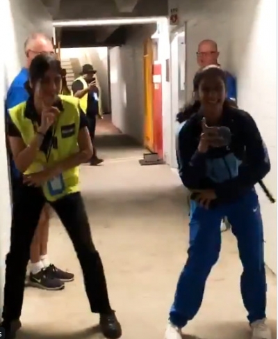 Team India woman cricketer Jemima Rodrigues dances with off line security guard