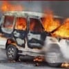 Police vehicle caught in fire in on busy road in Hyderabad