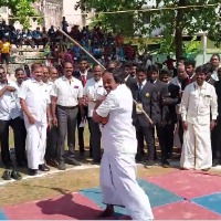 Tamilnadu IT Minister Mano Thangaraj performs ancient fighting skill