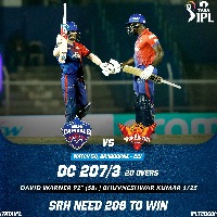 208 runs is hyderabad target with delhi capital match