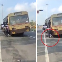Standing crowded Bus near door student fell down and accident that narrowly missed