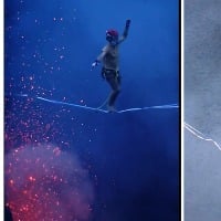 Daredevils rope walk over active volcano