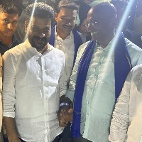 tpcc chief revanth reddy shakes hands with bsp leader rs praveen kumar in munugode bypoll campaign