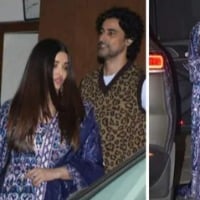 Aishwarya Rai Abhishek Bachchan twin in blue at Sonali Bendre wedding anniversary party at home