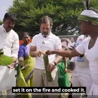 rahul gandhi cooks bambo chicken in telangana with the help of tribals
