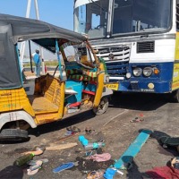 Four people lost their lives in a collision between an auto and a private bus in Choutuppal