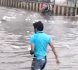 People wade in knee deep water for floating milk packets in Machilipatnam