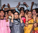 Nara Bhuvaneswari protests by tying her hands with rope