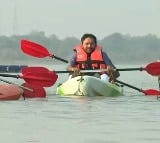 G Kishan Reddy rafts a boat at Kotepally Reservoir