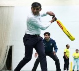 Rishi Sunak takes guard against England pacer Jimmy Anderson displays his batting skills