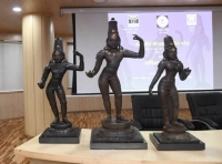 Union Minister Prahlad Singh Patel hands over Bronze idols of Lord Rama, Lakshmana, and Goddess Sita to Tamil Nadu Idol Wing